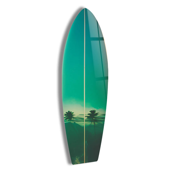 The stillness of the landscape on this Blue Sky Surfboard Wall Art captures a scenic moment of decorative wall art with palm trees.