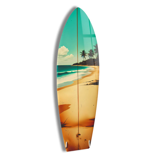 SurfBoard with beach vibes and tropical scene and coastal beach decor wall art for surf lovers creating a relaxing oceanfront atmosphere