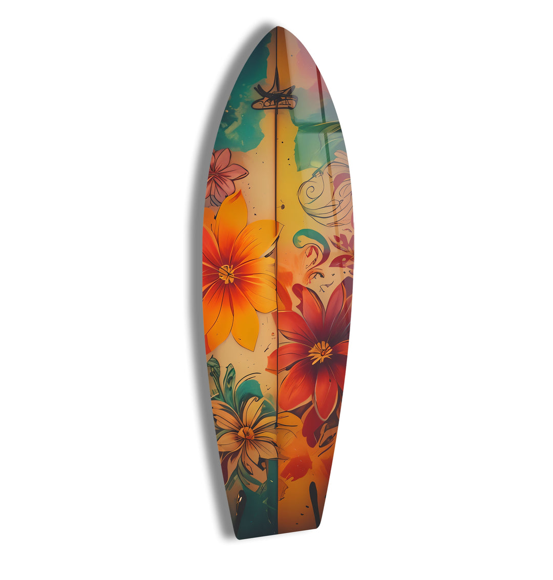 Wandkunst mit Surfbrett und roten und blauen Blumen
