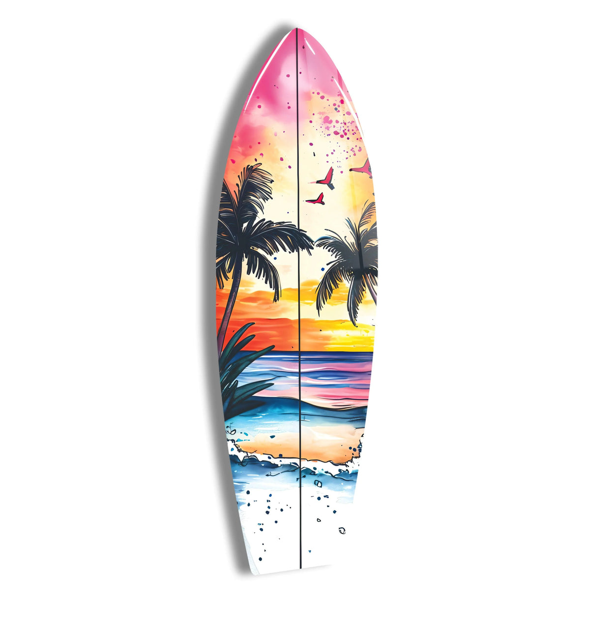 Vertically aligned tropical surfboard art showcases geometric shapes of sunset hues, palm silhouettes, and ocean waves, offering vibrant wall prints for a coastal aesthetic.