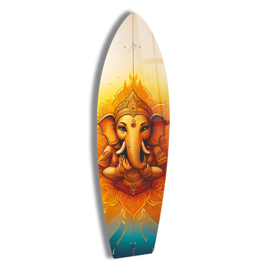 SurfBoard featuring orange artwork and religious motif with Buddha Orange Surfboard plus glass wall art decor and inspirational wall decor