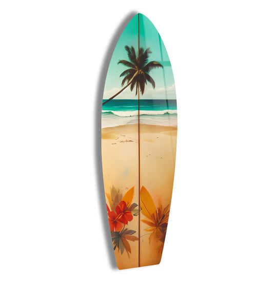 SurfBoard wall art palm tree and tropical flowers design and coastal beach decor for ocean lovers and beach vibes