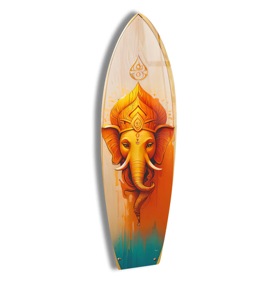 Surfboard with orange and blue art and Buddha face image and wall art element
