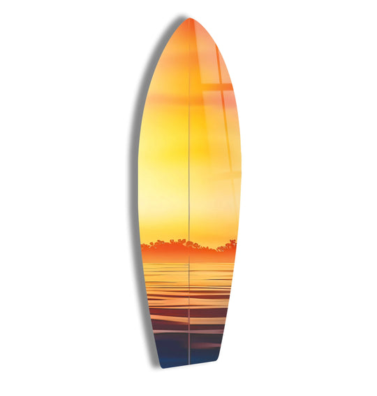 Surfboard wall art orange sunset reflection and ocean theme plus beach themed art