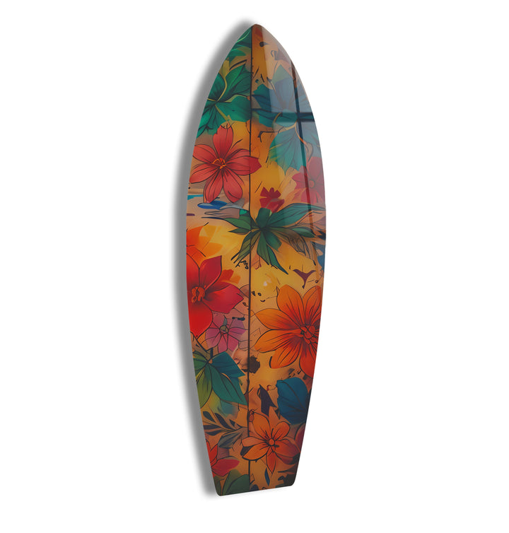 Wandkunst mit Surfbrett und blauen und roten Blumen