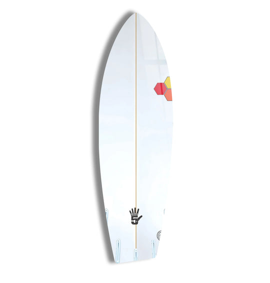 A surfboard with a subtle shadow and multicolored hexagonal accents, perfect for wall art prints.