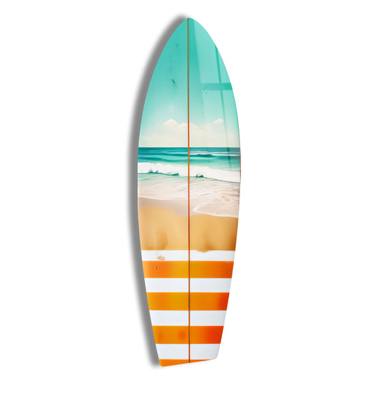 SurfBoard with beach art coastal decor statement and vibrant orange stripes plus surfboard shaped design and coastal vibes