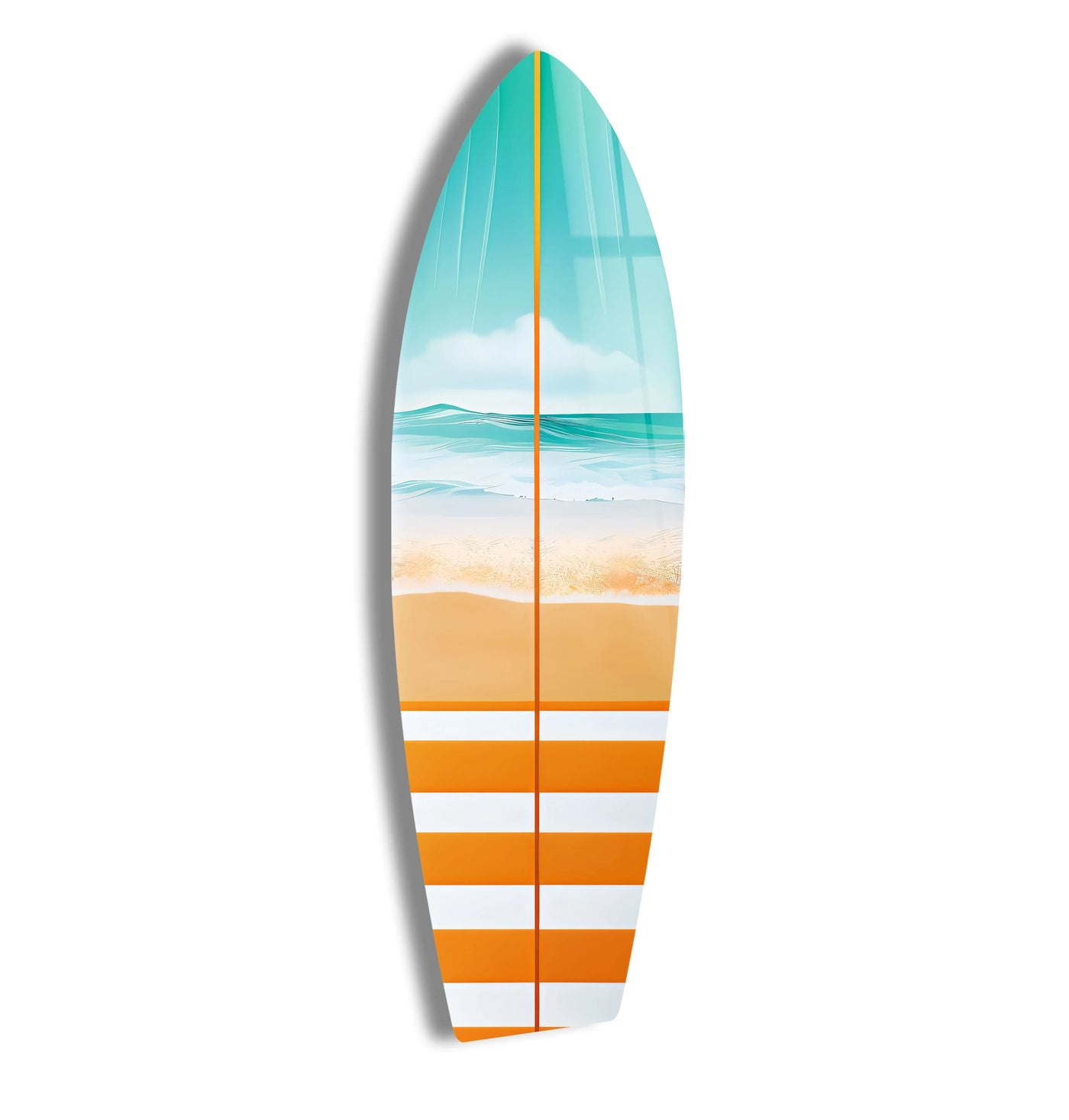 Tempered art from glass gives this beauty sun and sea wave surfboard wall art piece a sleek, durable, and vibrant finish.