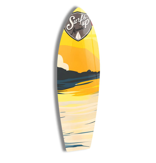 Surfboard art from glass depicts layered waves and a sunset with subtle color gradients creating depth.