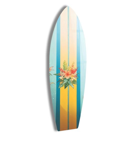 SurfBoard with blue and brown floral design and glass finish and surfboard wall art for modern home decor and coastal interiors