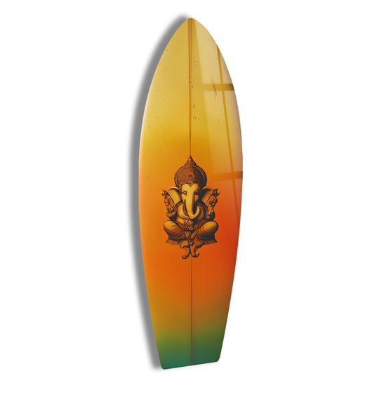 Highly saturated color in this Hindi Buddha art surfboard showcases radiant hues perfect for enhancing home decoration.
