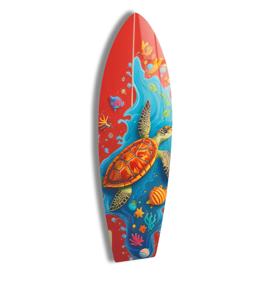 Surfboard wall art sea turtle design with blue ocean splash and vivid colors featuring ocean adventure decor and premium animal artwork