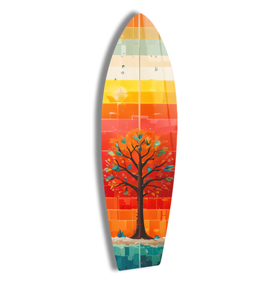 Surfboard wall art stained glass tree design and orange tones with glass detail for unique decor and surfboard art accents