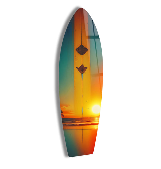 SurfBoard with sunset beach decor and tropical colors is a tropical sunset surfboard wall art bringing coastal surf decor for beach lovers