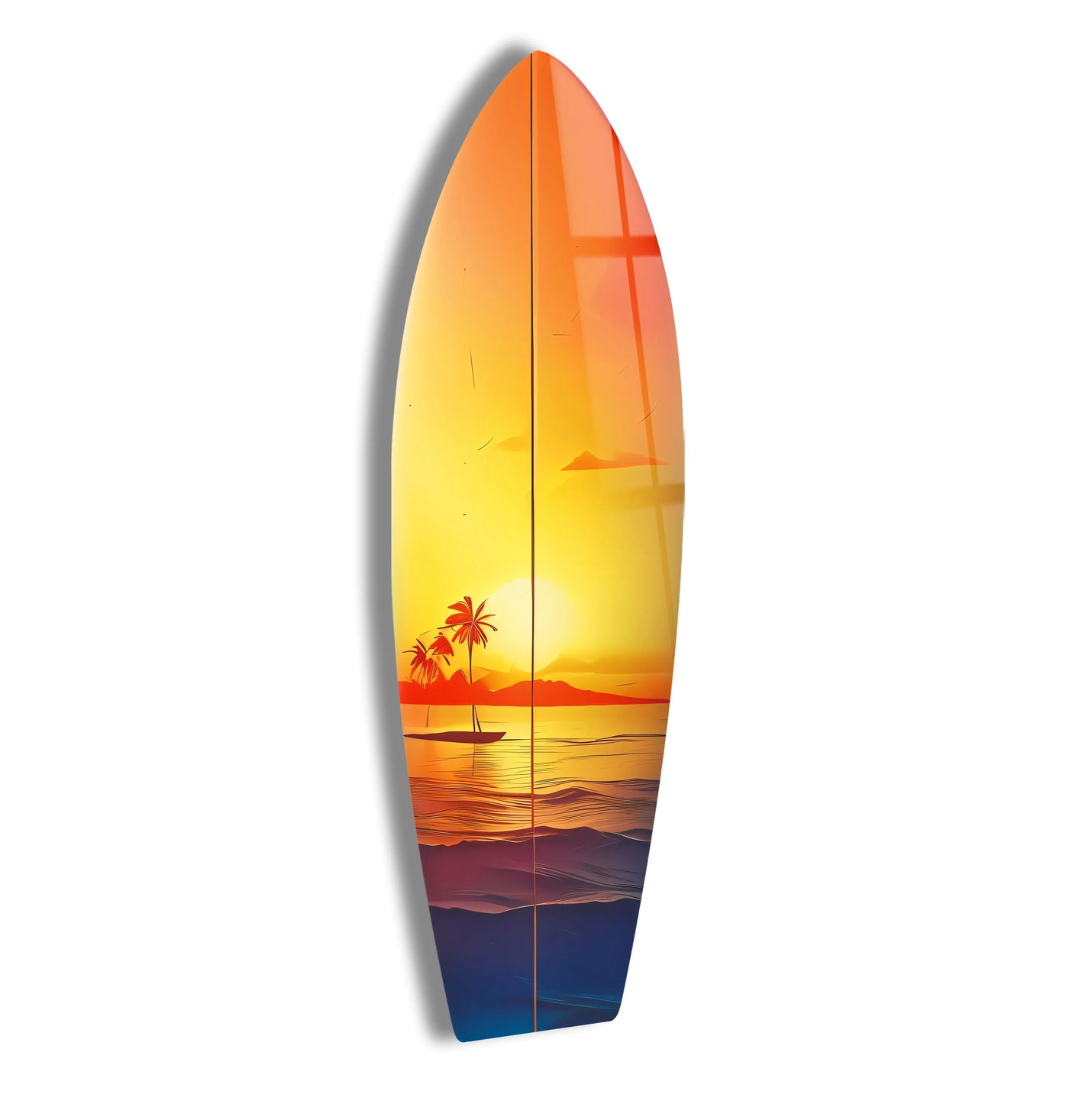 Displaying the realistic detail, this beauty sunset surfboard wall art captures the essence of a serene beach with stunning glass wall art decor, reflecting a radiant, sun-kissed horizon.