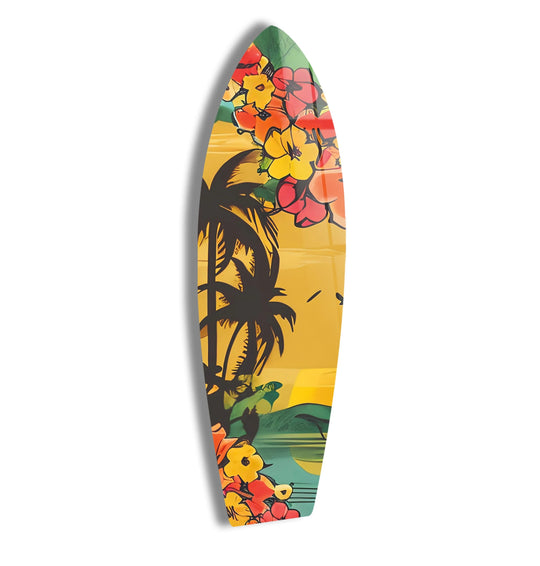 Subtle light and shadow play across the palm trees and flowers surfboard art, enhancing the tropical glass printing design.