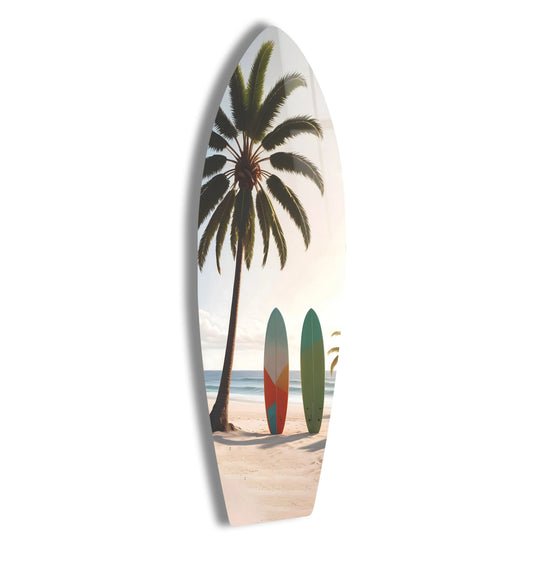 Gleaming art from glass highlights the tropical beach surfboard wall art, accentuating the coastal paradise decor with vibrant surfboards and a tranquil beach scene.