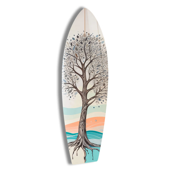 A tranquil surfboard wall art print evoking a serene mood with its stylized tree and calming ocean waves.