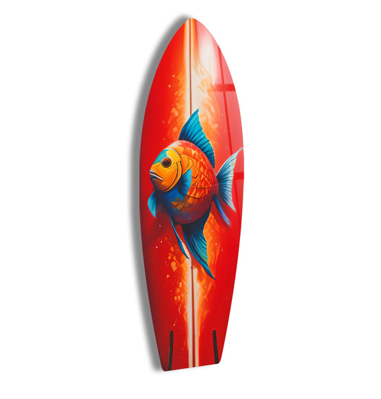 A vibrant glass art painting of a goldfish's organic forms and flowing fins on a fiery red surfboard design.