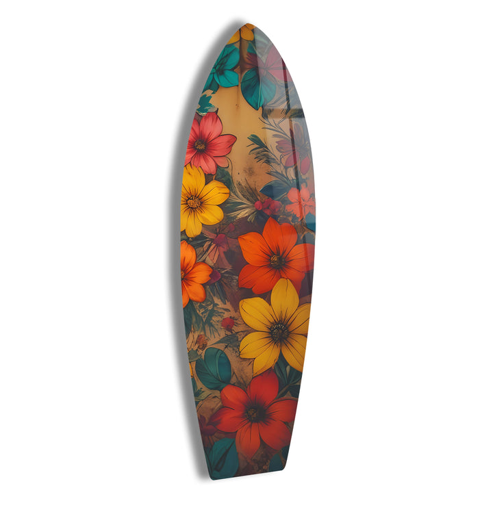 Gelb-rote Vintage-Blumen-Surfbrett-Wandkunst