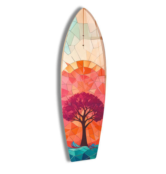 Surfboard glass wall art mosaic tree design and surfboard decor and stained glass artwork for vivid home decor