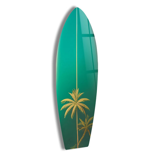 SurfBoard with palm trees art and surfboard decorGreen Surfboard wall art glossy finish with palm tree design and tropical theme and surfboard decor