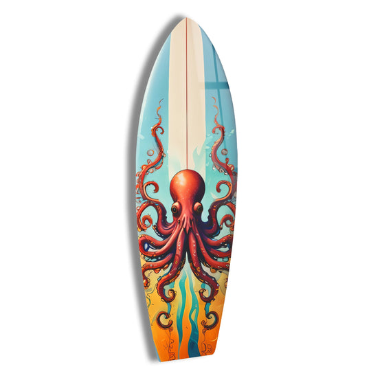 Vibrant red octopus art surfboard wall art on glass features striking color contrast against a soft blue and tan background.