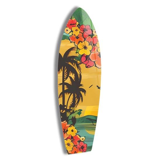SurfBoard with hibiscus flowers and palm trees is tropical floral wall art a vibrant beach decor for coastal living and Hawaiian themed interiors