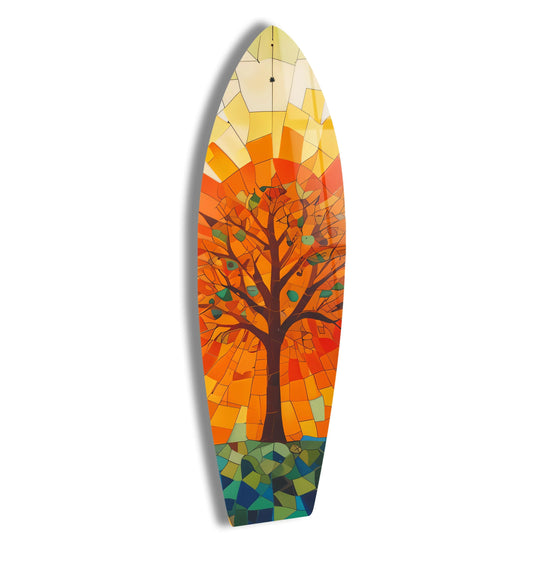 SurfBoard with tree mosaic design and stained details plus tree motif and stained glass wall art for coastal interiors or unique decor accents