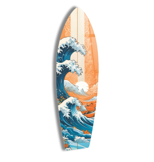 Surfboard with elegant wave design and Japanese Wave Surfboard Wall Art blending coastal ocean inspired decor and traditional Japanese aesthetics