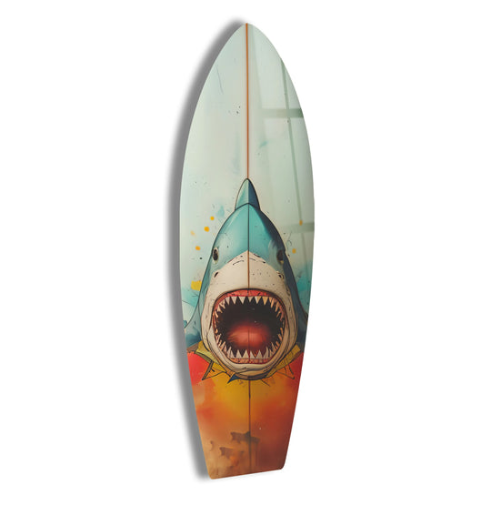A surfboard with a shark design showcases teal and orange as its dominant colors, a unique modern wall decor.