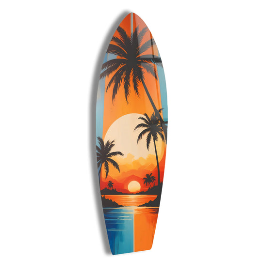 SurfBoard wall art with tropical sunset trees and ocean reflections plus vibrant coastal beach decor and relaxing vibe