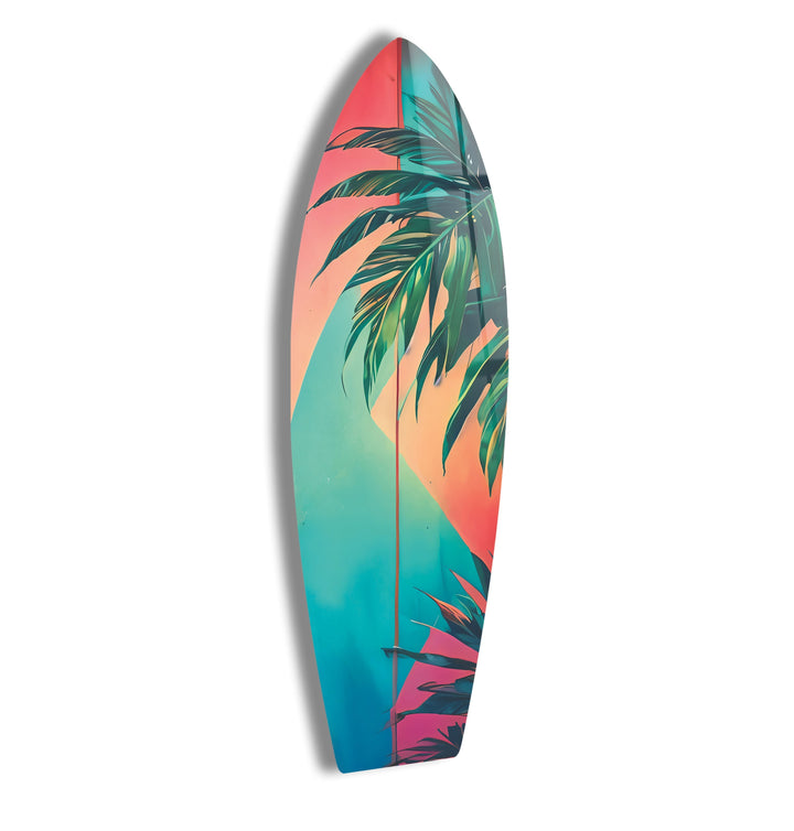 Rosa-blaue Palmblatt-Surfbrett-Wandkunst