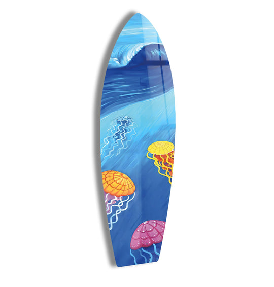 Flowing ocean waves and dancing jellyfish create a sense of dynamic movement in this vibrant glass art painting.