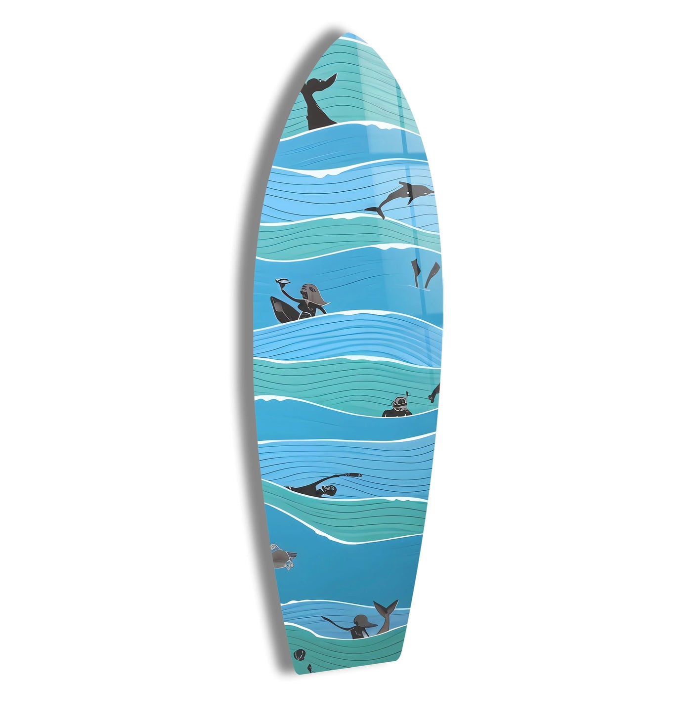 The edge of this surfboard glass wall art features a stylized ocean scene with swimmers and marine life, showcasing its home decoration appeal.