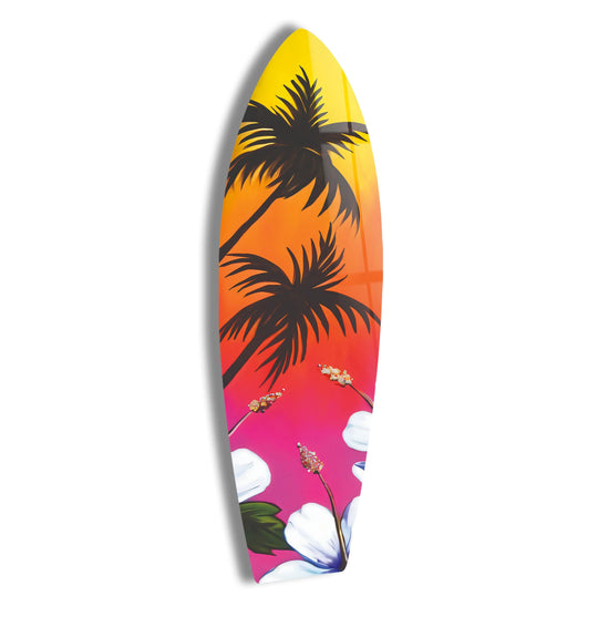 Surfboard featuring palm trees and hibiscus flowers a vibrant tropical surfboard wall art design and home decor
