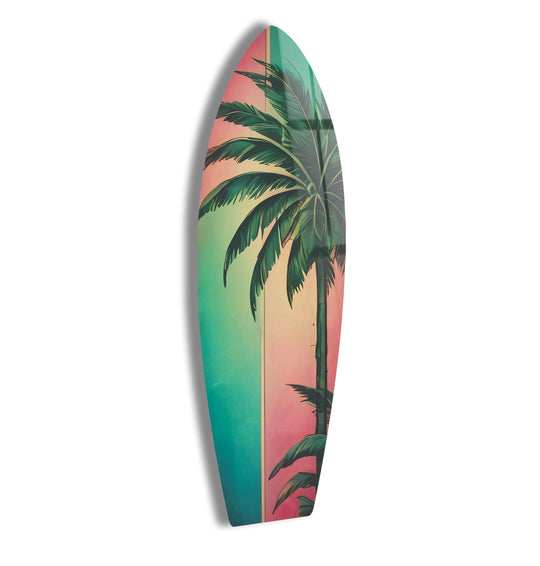 Surfboard wall art green pink and palm tree plus tropical design and coastal elegance