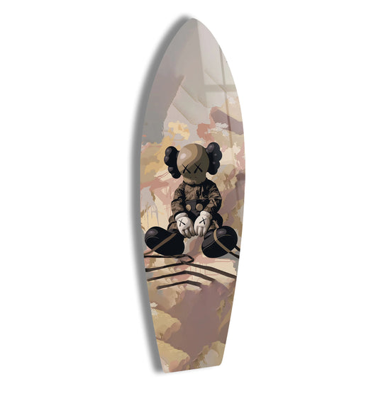 SurfBoard shows a Kaws inspired design and is a unique canvas wall art creating urban decor and featuring a minimalist figurine for street art lovers