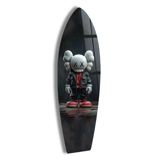 Surfboard wall art features a Kaws inspired art design and an urban art figurine with red shoes and a black jacket it is modern art