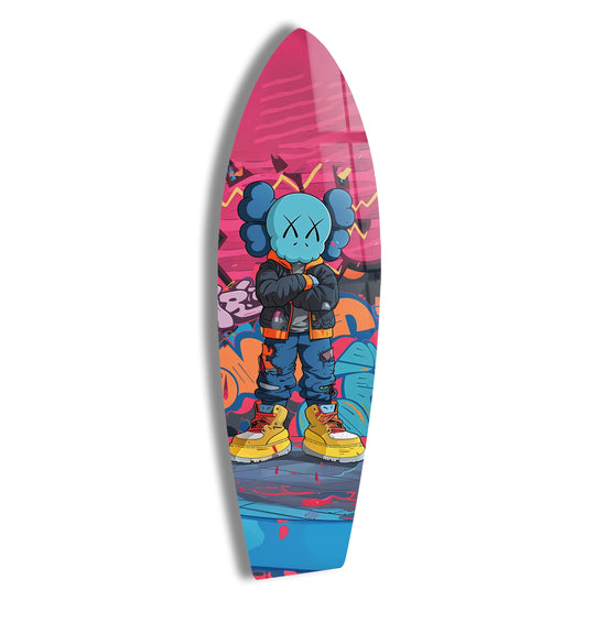 The surfboard wall art features a bold graffiti figurine and urban street art with vibrant colors making it a Kaws inspired pop art surf board and a unique piece for modern spaces
