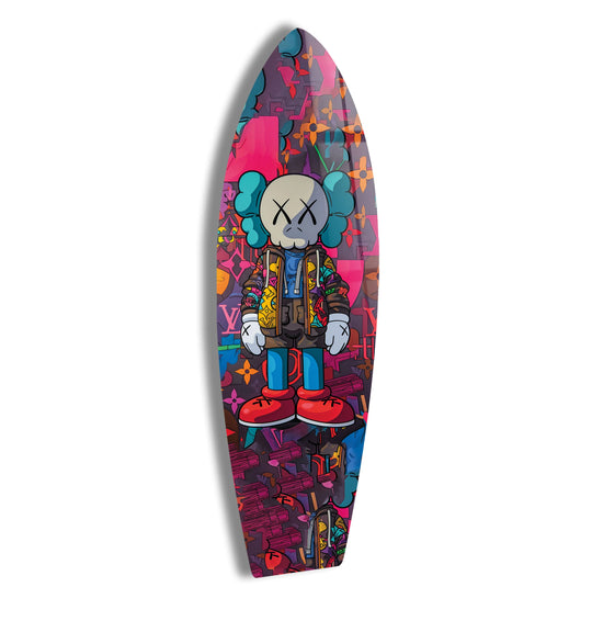 This surfboard features colorful graffiti and figurine design and is vibrant urban Kaws-inspired surfboard wall art a modern artwork for edgy decor and a unique touch for any room