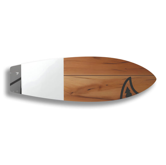 Tempered-glass print wall art displays crisp wood details on this surfboard wall art, offering a sharp contrast with the glossy white finish.