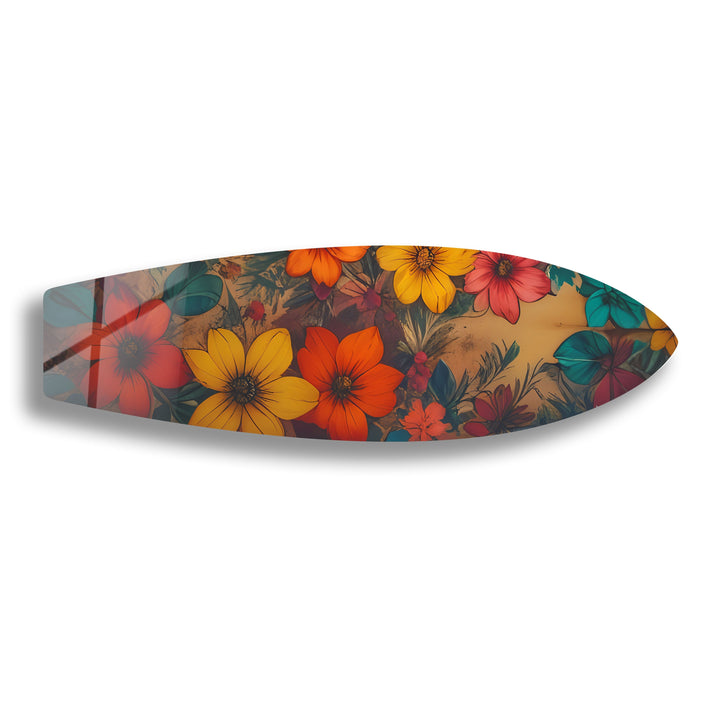 Gelb-rote Vintage-Blumen-Surfbrett-Wandkunst