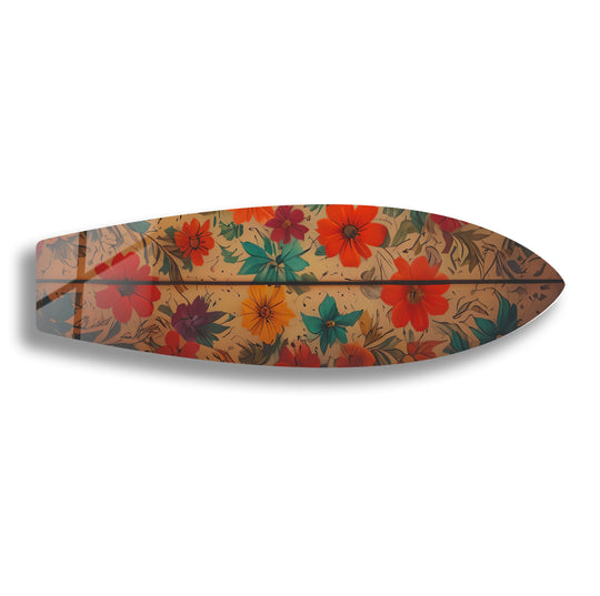 The surfboard wall art shows depth and layers of vintage floral elements in wall prints, offering a unique take on colored flowers.