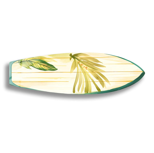 The realistic detail highlights the finely painted leaves and natural wood grain on this green leaf surfboard decorative wall art.