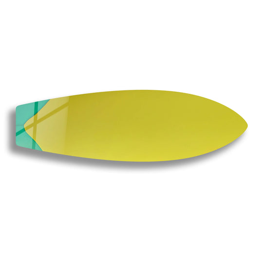 Against the clean white background, the bright olive surfboard wall art creates a vivid focal point for modern home decor.