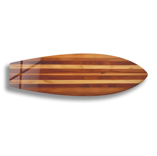 Highlighting the realistic detail, the wooden surfboard wall art features horizontal brown planks in high-quality print wall art, offering a detailed look at this unique piece.