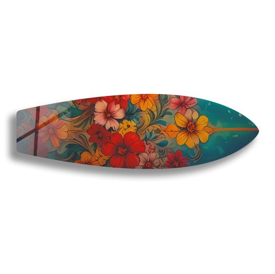 Glossy colored vintage flowers surfboard hanging wall art features a vibrant finish, creating a unique and eye-catching piece of ocean-themed floral art.