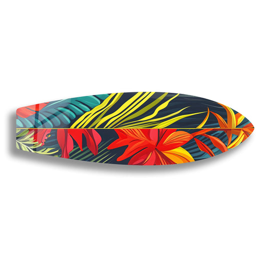 Detailed realistic glass wall art of a surfboard with vivid red botanical and yellow palm leaf patterns, enhancing home decoration.
