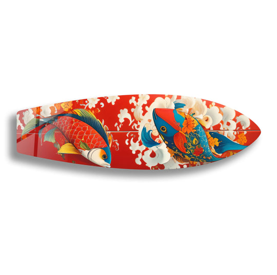 Dark blue scales on a koi fish adorn this glass home decor surfboard wall art.